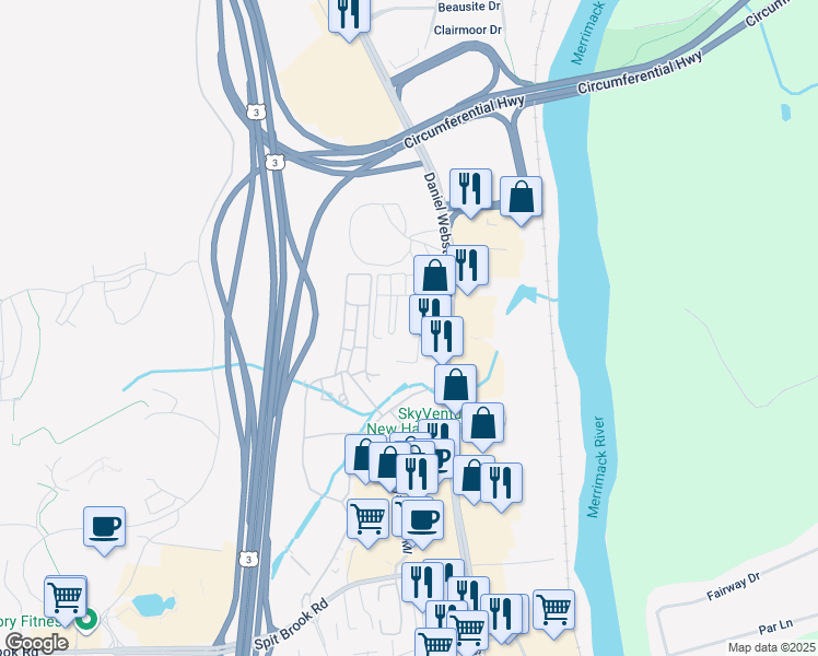 map of restaurants, bars, coffee shops, grocery stores, and more near 8 Louisburg Square in Nashua