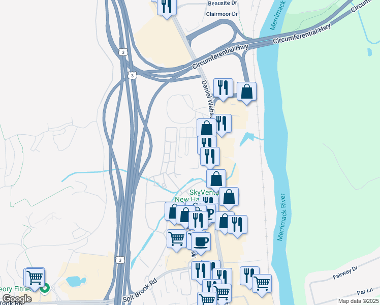 map of restaurants, bars, coffee shops, grocery stores, and more near 61 Bluestone Drive in Nashua