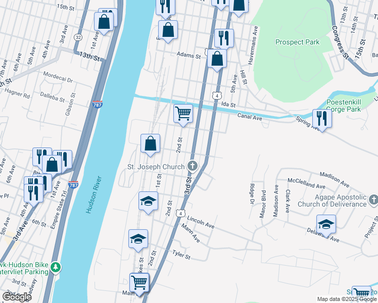 map of restaurants, bars, coffee shops, grocery stores, and more near 389 3rd Street in Troy
