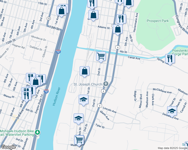 map of restaurants, bars, coffee shops, grocery stores, and more near 371 2nd Street in Troy