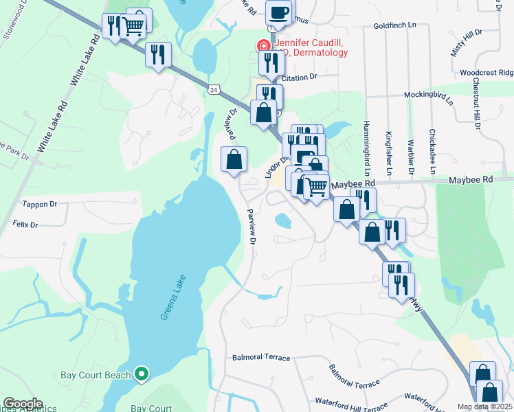 map of restaurants, bars, coffee shops, grocery stores, and more near 5396 Parview Drive in Clarkston