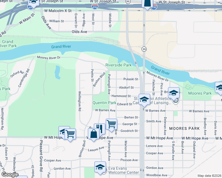 map of restaurants, bars, coffee shops, grocery stores, and more near 1510 Park Avenue in Lansing