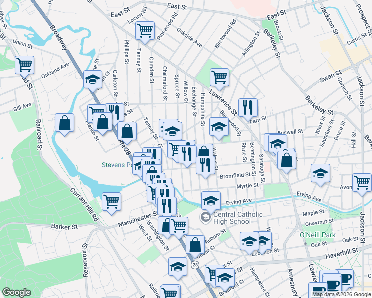 map of restaurants, bars, coffee shops, grocery stores, and more near 89 Spruce Street in Lawrence