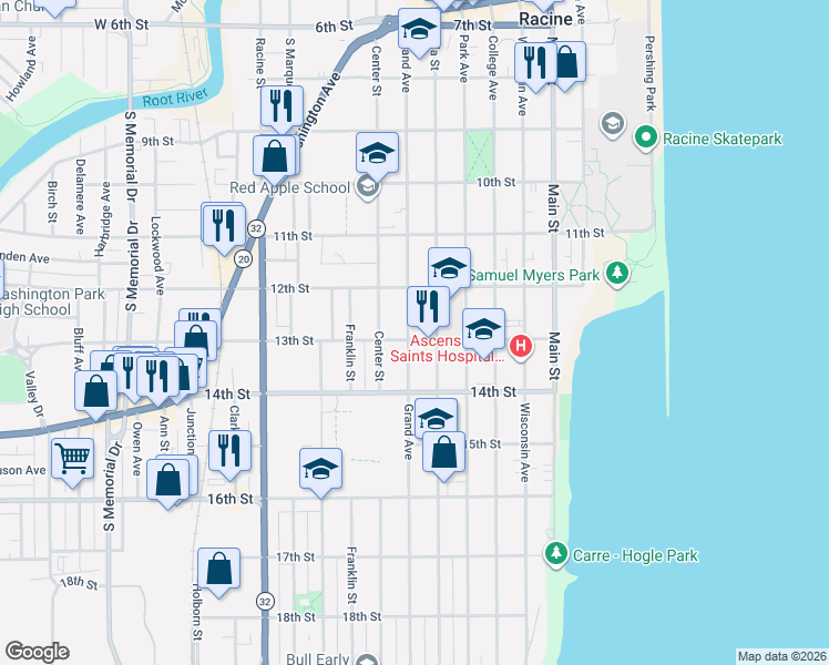 map of restaurants, bars, coffee shops, grocery stores, and more near 607 13th Street in Racine