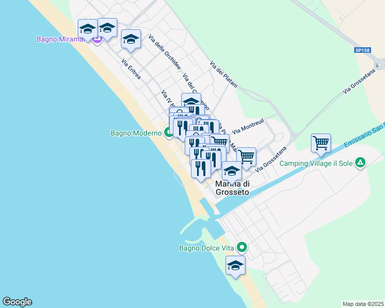 map of restaurants, bars, coffee shops, grocery stores, and more near 66 Via XXIV Maggio in Grosseto