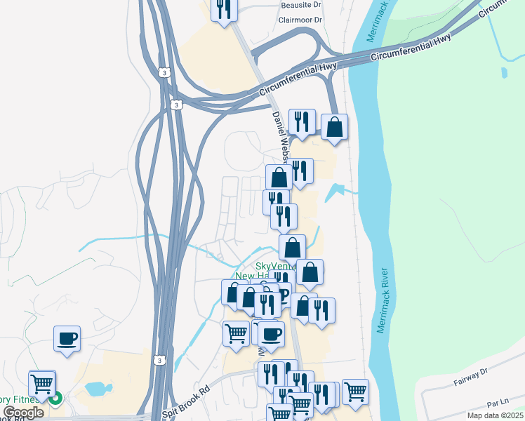map of restaurants, bars, coffee shops, grocery stores, and more near 6 Louisburg Square in Nashua