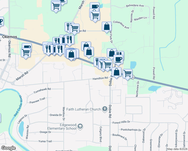 map of restaurants, bars, coffee shops, grocery stores, and more near 1784 Hamilton Road in Meridian charter Township
