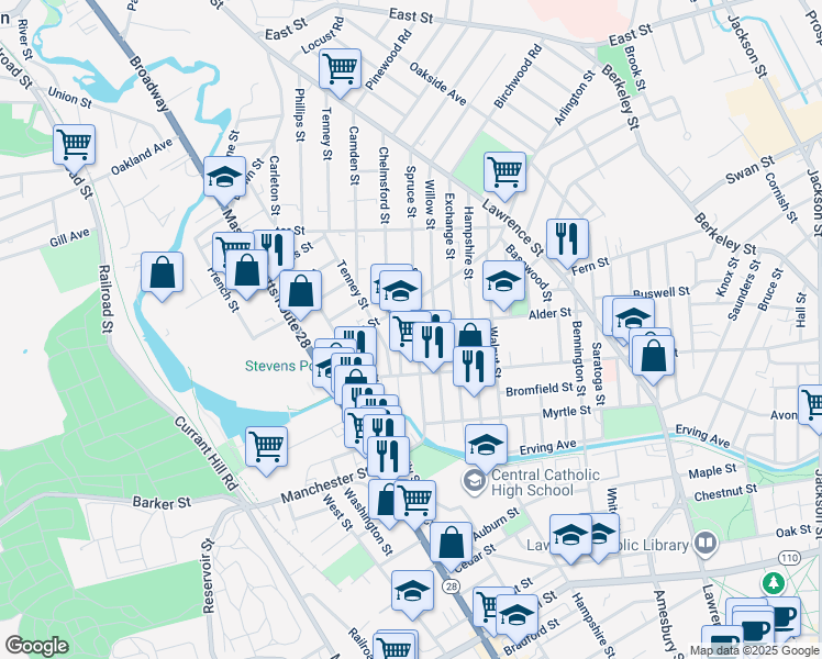 map of restaurants, bars, coffee shops, grocery stores, and more near 150 Arlington Street in Lawrence