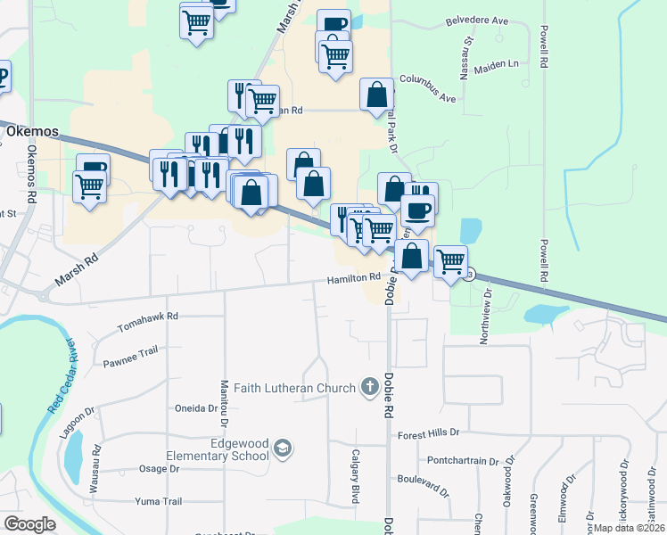 map of restaurants, bars, coffee shops, grocery stores, and more near 1784 Hamilton Road in Meridian charter Township
