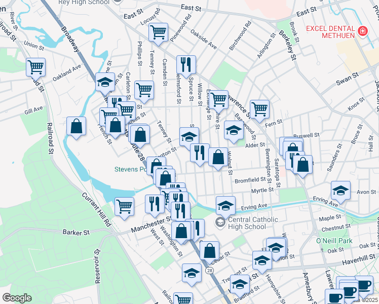 map of restaurants, bars, coffee shops, grocery stores, and more near 150 Arlington Street in Lawrence