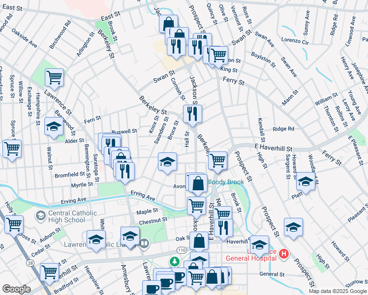 map of restaurants, bars, coffee shops, grocery stores, and more near 17 Park Street in Lawrence