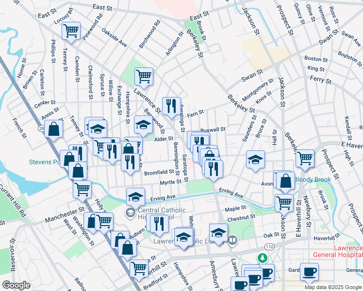 map of restaurants, bars, coffee shops, grocery stores, and more near 52 Bennington Street in Lawrence