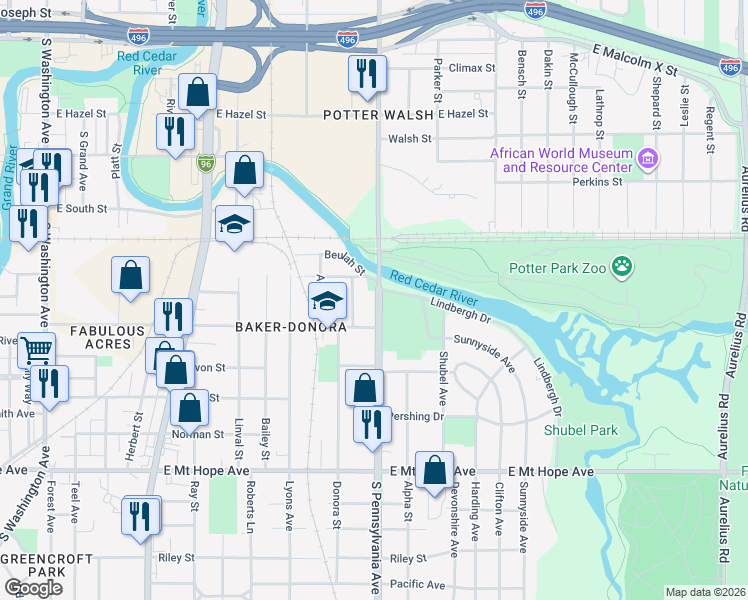 map of restaurants, bars, coffee shops, grocery stores, and more near 1424 South Pennsylvania Avenue in Lansing
