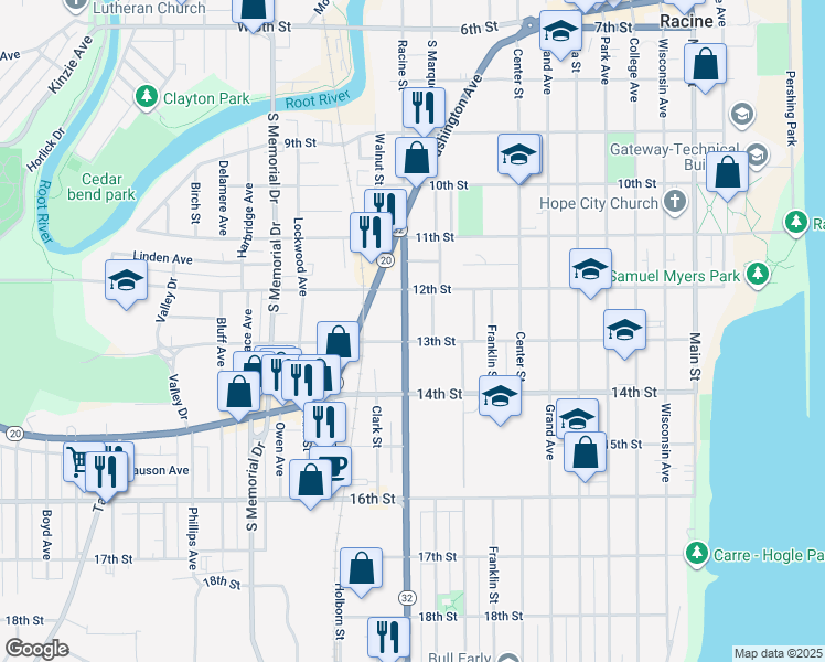 map of restaurants, bars, coffee shops, grocery stores, and more near 1120 13th Street in Racine