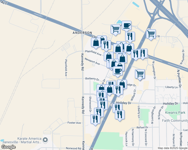 map of restaurants, bars, coffee shops, grocery stores, and more near 1516 Barberry Drive in Janesville