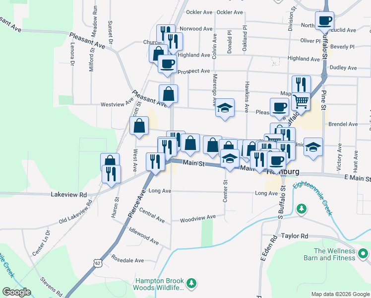 map of restaurants, bars, coffee shops, grocery stores, and more near 229 Main Street in Hamburg