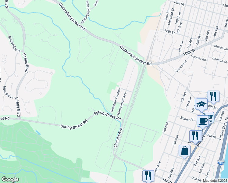 map of restaurants, bars, coffee shops, grocery stores, and more near 21 Franklin Street in Watervliet