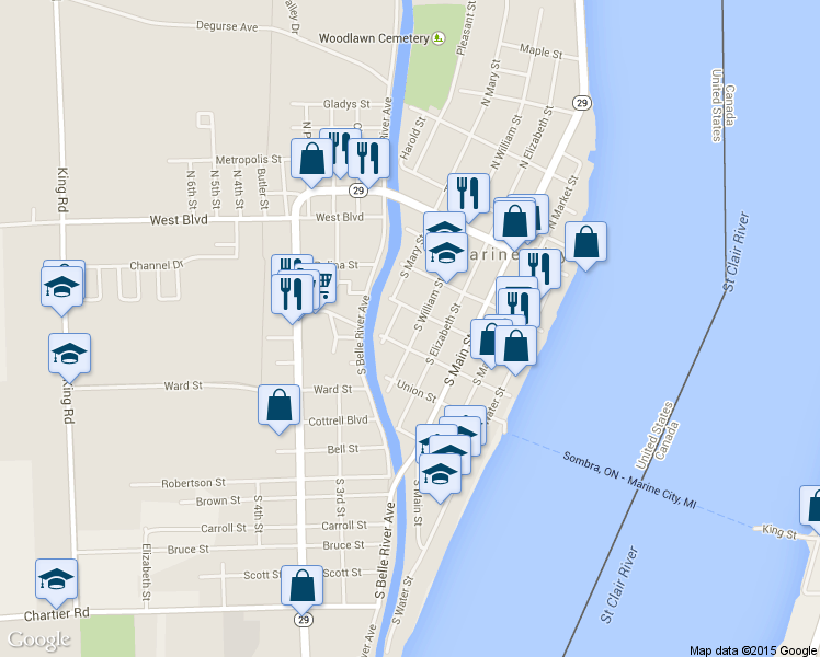 map of restaurants, bars, coffee shops, grocery stores, and more near 337 South William Street in Marine City