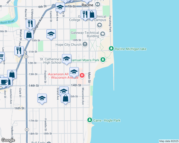 map of restaurants, bars, coffee shops, grocery stores, and more near 1235 Main Street in Racine