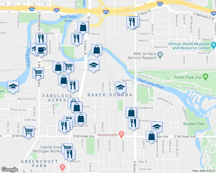 map of restaurants, bars, coffee shops, grocery stores, and more near 1420 Lyons Avenue in Lansing