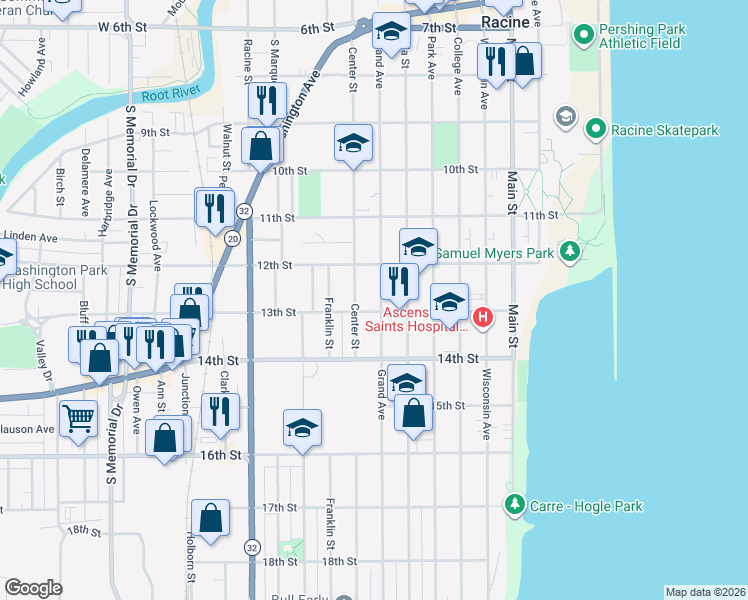 map of restaurants, bars, coffee shops, grocery stores, and more near 1247 Center Street in Racine