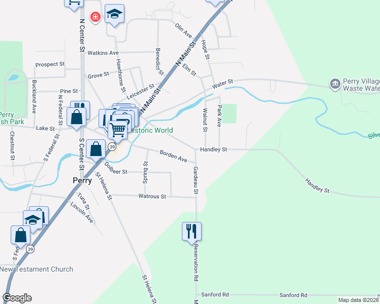 map of restaurants, bars, coffee shops, grocery stores, and more near 97 Borden Avenue in Perry