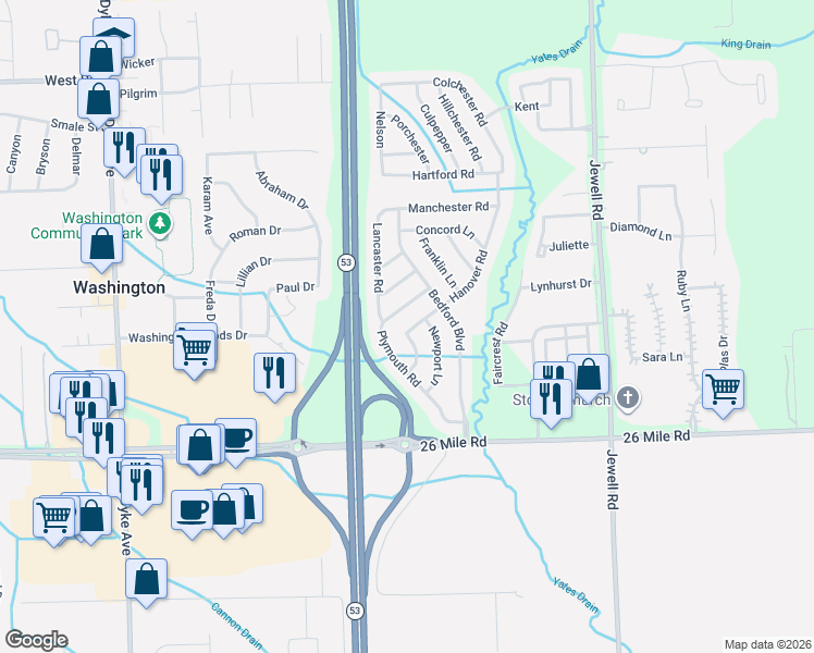 map of restaurants, bars, coffee shops, grocery stores, and more near 57336 Hanover Road in Washington