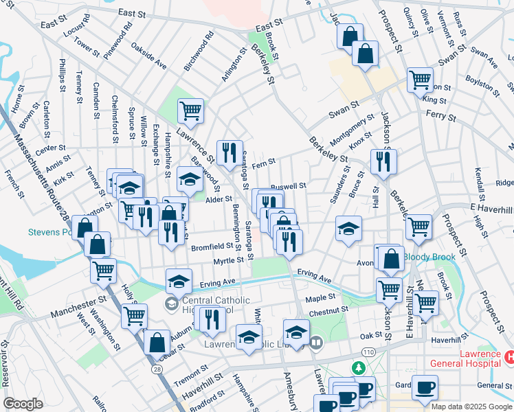 map of restaurants, bars, coffee shops, grocery stores, and more near 201 Lawrence Street in Lawrence