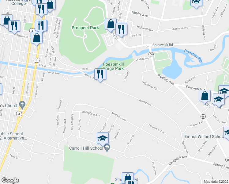 map of restaurants, bars, coffee shops, grocery stores, and more near 48 Spring Avenue in Troy