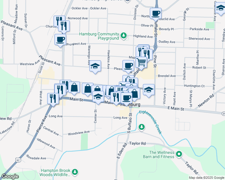 map of restaurants, bars, coffee shops, grocery stores, and more near 87 Main Street in Hamburg