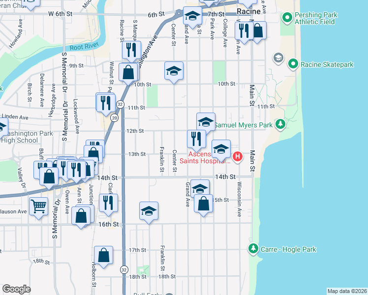 map of restaurants, bars, coffee shops, grocery stores, and more near 1247 Center Street in Racine