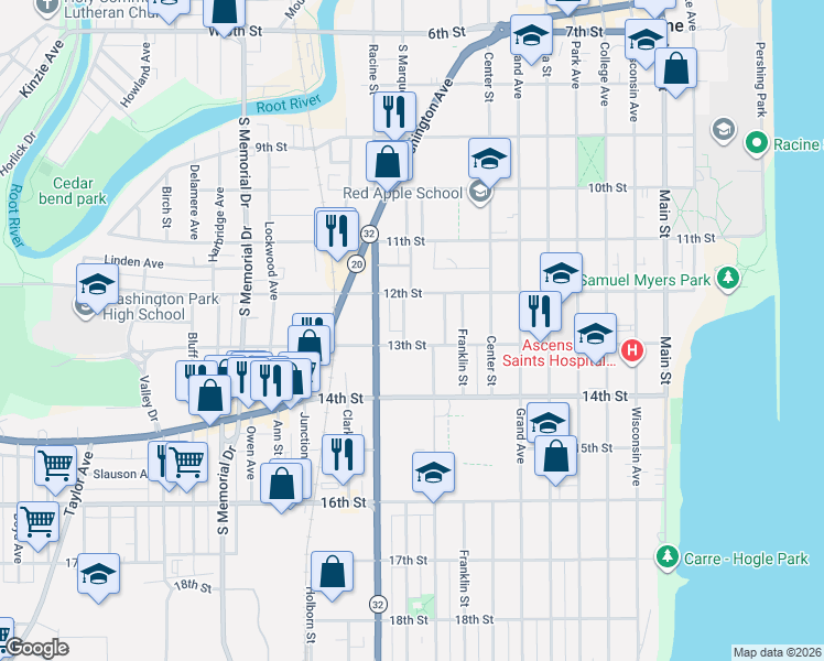 map of restaurants, bars, coffee shops, grocery stores, and more near 1300 Howe Street in Racine
