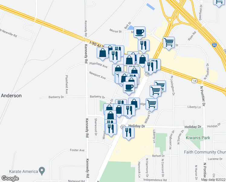 map of restaurants, bars, coffee shops, grocery stores, and more near 2901-2909 Woodlane Drive in Janesville