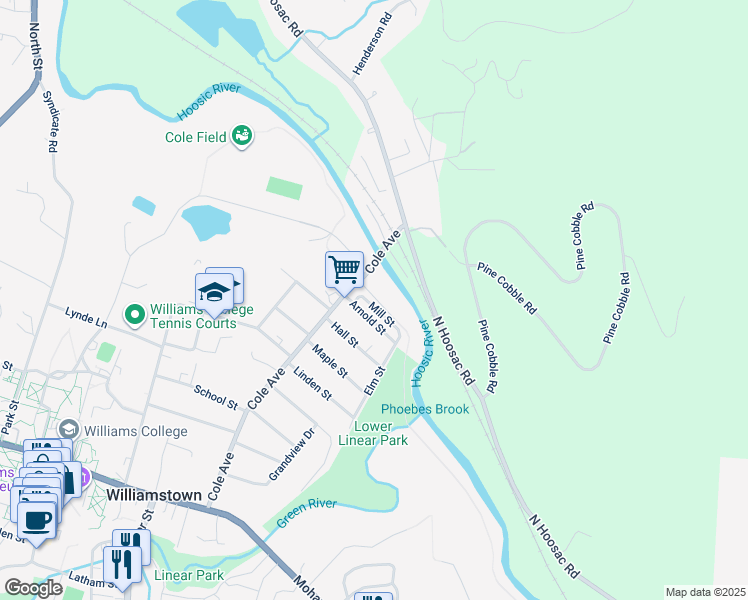 map of restaurants, bars, coffee shops, grocery stores, and more near 46 Mill Street in Williamstown