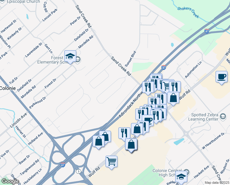 map of restaurants, bars, coffee shops, grocery stores, and more near Garden Terrace in Colonie