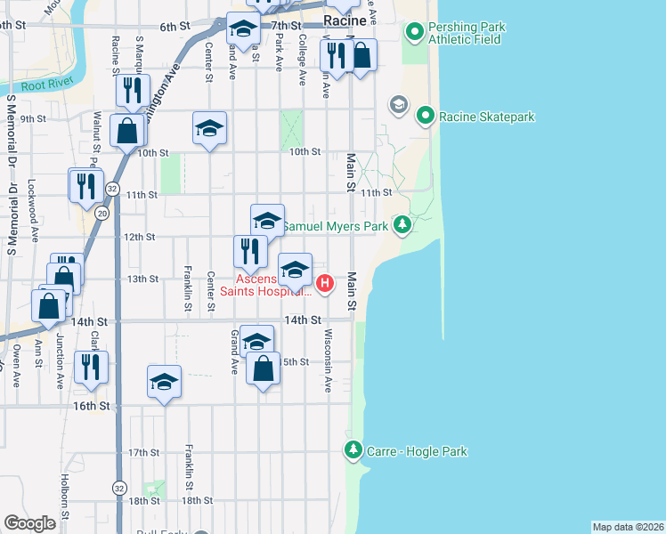 map of restaurants, bars, coffee shops, grocery stores, and more near 1237 Wisconsin Avenue in Racine