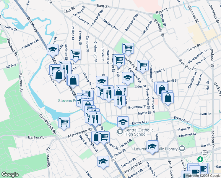 map of restaurants, bars, coffee shops, grocery stores, and more near 111 Willow Street in Lawrence