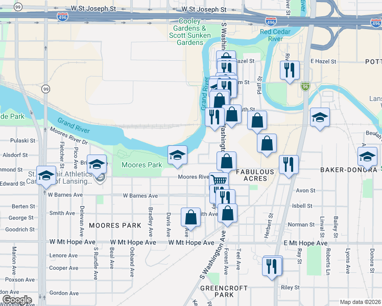 map of restaurants, bars, coffee shops, grocery stores, and more near 224 Woodlawn Avenue in Lansing