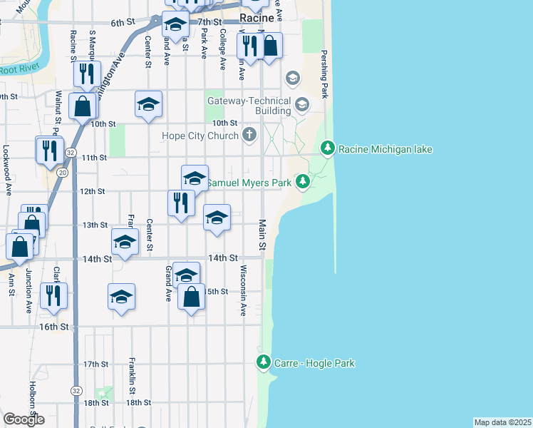 map of restaurants, bars, coffee shops, grocery stores, and more near 1235 Main Street in Racine