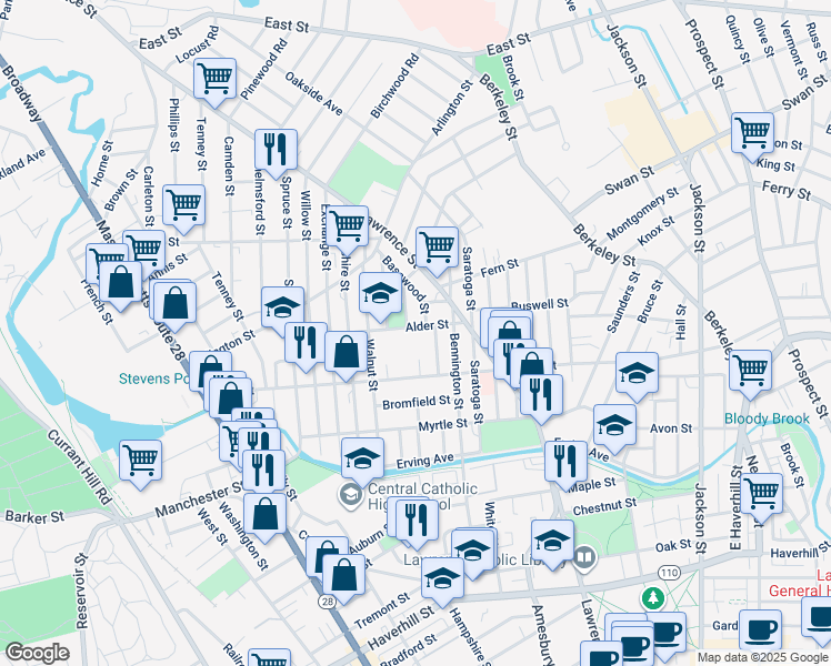 map of restaurants, bars, coffee shops, grocery stores, and more near 187 Park Street in Lawrence