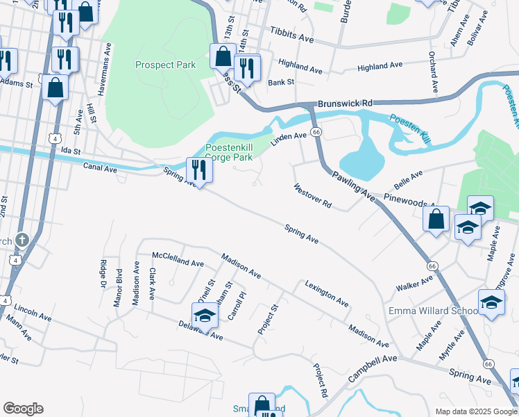map of restaurants, bars, coffee shops, grocery stores, and more near 58 Spring Avenue in Troy
