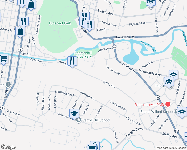 map of restaurants, bars, coffee shops, grocery stores, and more near 58 Spring Avenue in Troy
