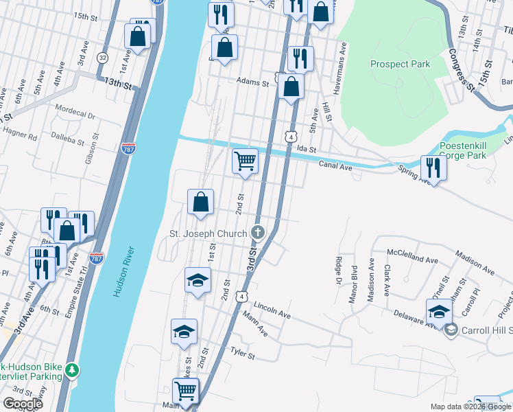 map of restaurants, bars, coffee shops, grocery stores, and more near 389 3rd Street in Troy