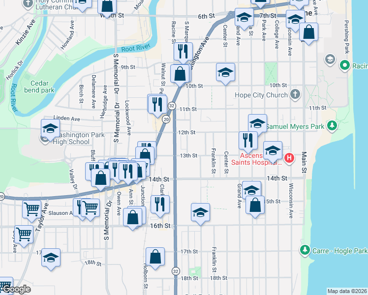 map of restaurants, bars, coffee shops, grocery stores, and more near 1120 13th Street in Racine