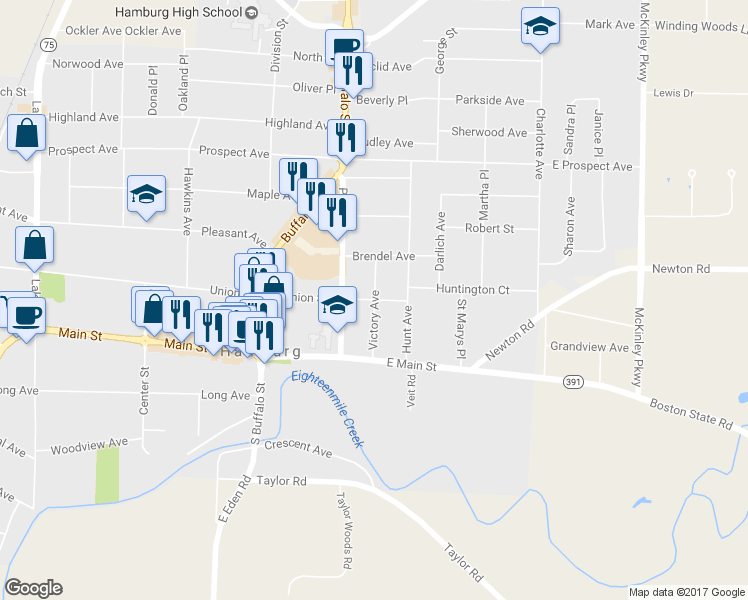 map of restaurants, bars, coffee shops, grocery stores, and more near 62 Victory Avenue in Hamburg