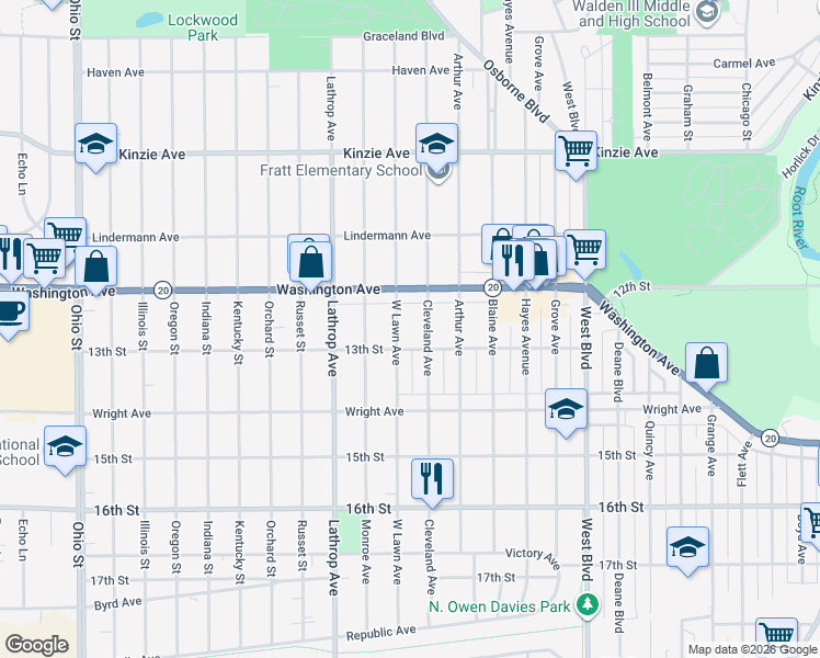 map of restaurants, bars, coffee shops, grocery stores, and more near 1239 West Lawn Avenue in Racine
