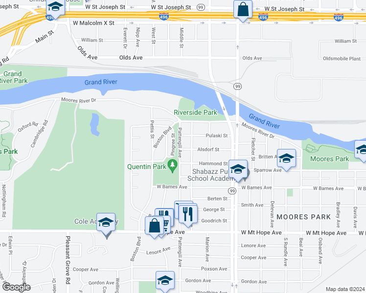 map of restaurants, bars, coffee shops, grocery stores, and more near 1423 Pattengill Avenue in Lansing