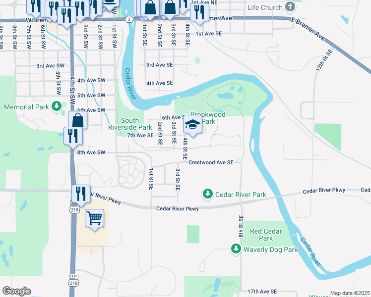 map of restaurants, bars, coffee shops, grocery stores, and more near 898 4th St SE in Waverly