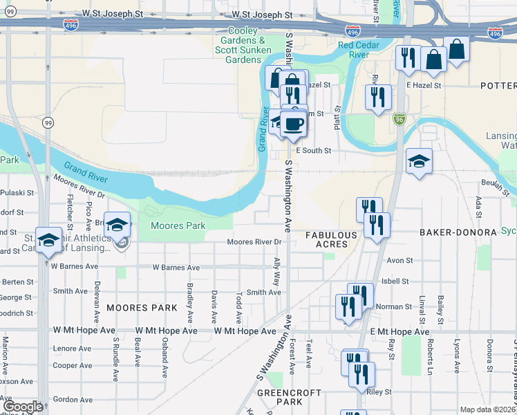 map of restaurants, bars, coffee shops, grocery stores, and more near 224 Woodlawn Avenue in Lansing