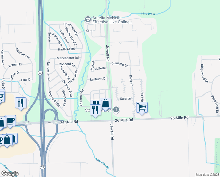map of restaurants, bars, coffee shops, grocery stores, and more near 57419 Jewell Road in Washington